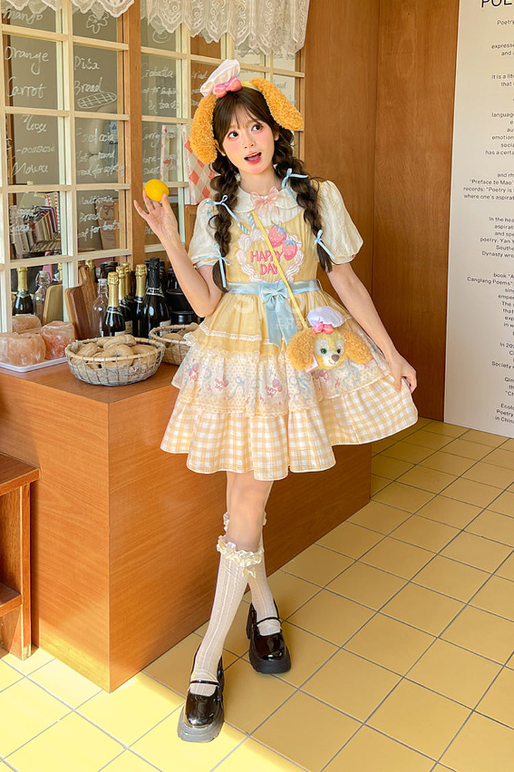 Yellow [Happy Day] Short Sleeves Triple-Layered Print Bowknot Lace Sweet Princess Lolita Dress - Product - 5