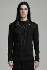 Black Long Sleeves Stitching Lace-Up Ripped Men's Punk Blouse - Black - 1