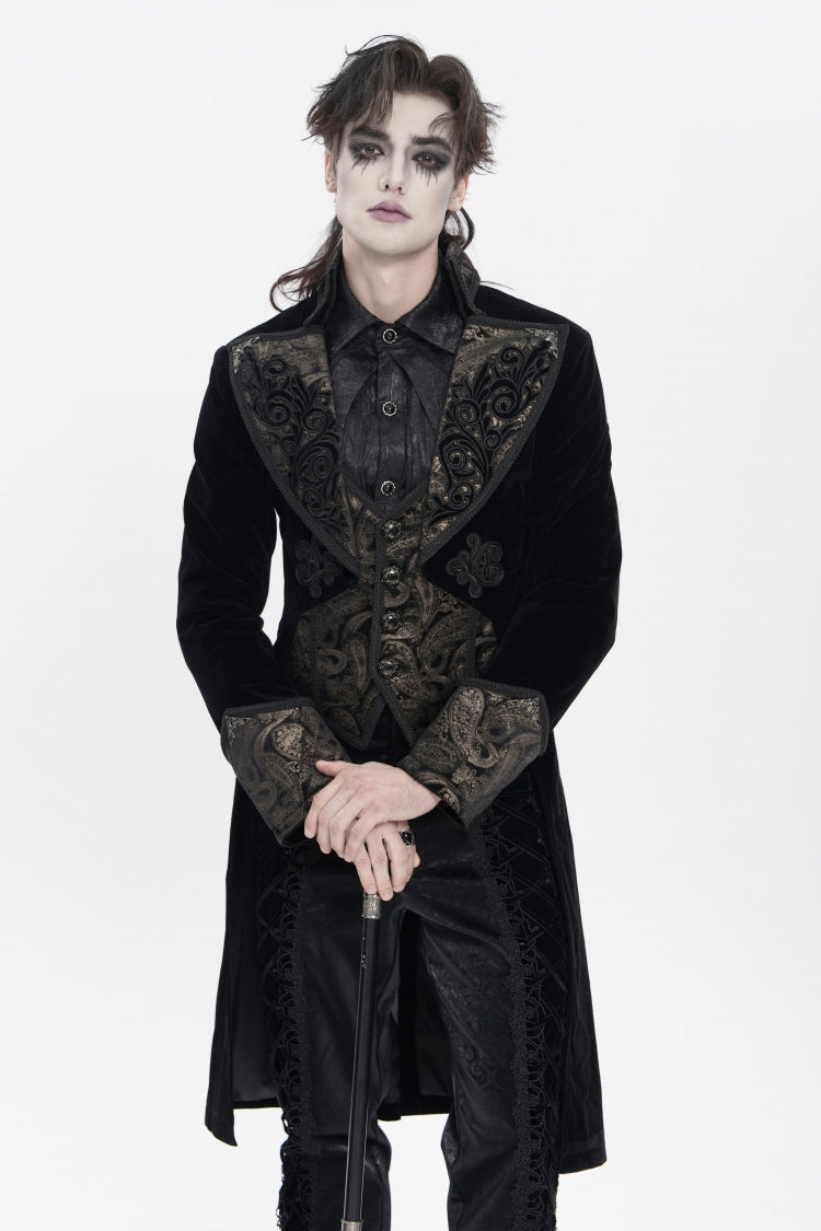 Black Lapel Collar Long Sleeves Jacquard Embroidered Slim Color-Blocked Men's Gothic Jacket - Product - 8