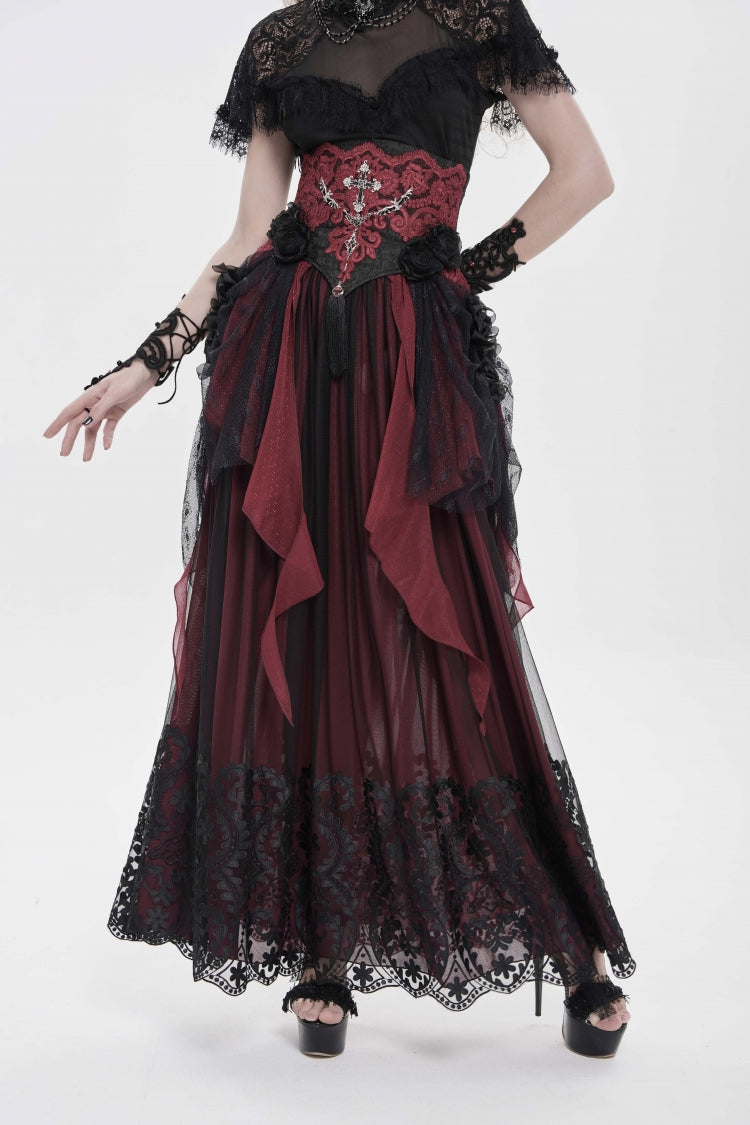 Black/Red Embroidered Lace Women's Gothic Underbust Corset Embroidered Rose Cross Underbust Corset - Black/Red - 1