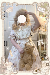 Ivory Short Puff Sleeves Print Ruffle Bowknot Plus Size Princess Lolita Dress - Product - 4