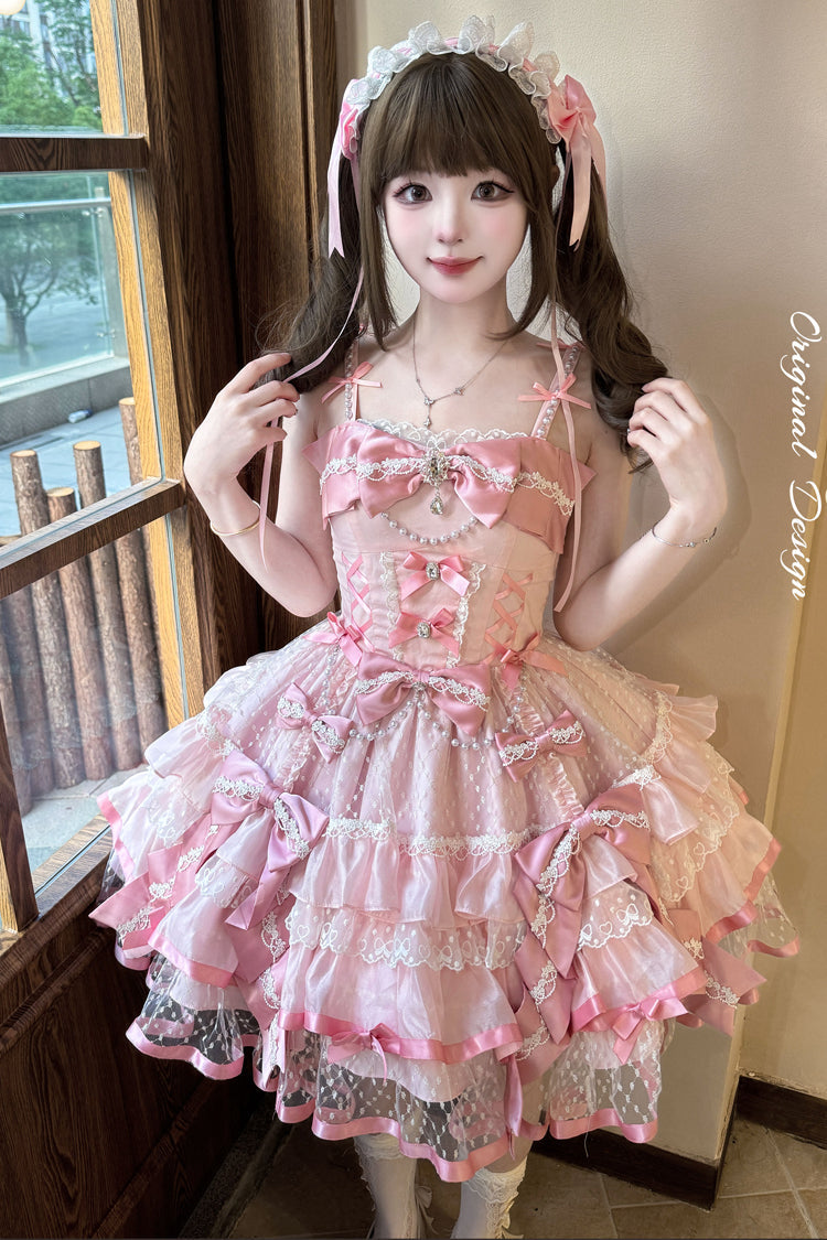Pink [Gem Love] Sleeveless Triple-Layered Ruffle Bowknot Lace Sweet Ballet Lolita Jsk Dress - Product - 6