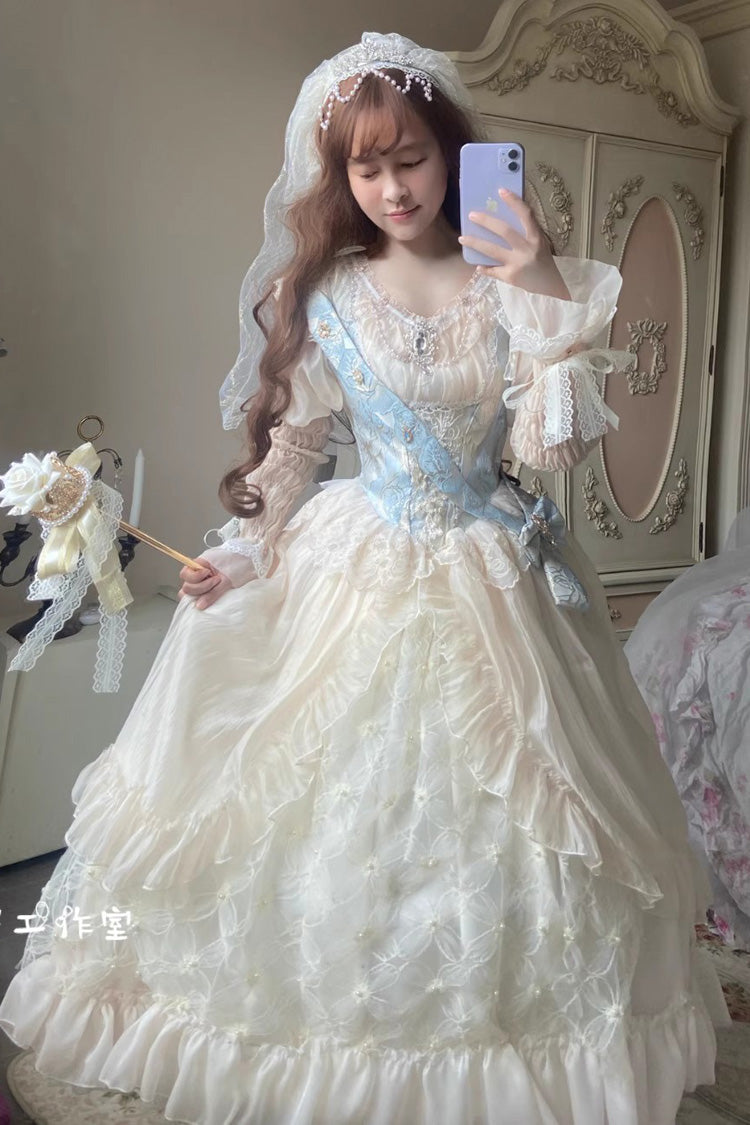 Ivory Crown Coronation Ruffle Hanayome Cardigan Bowknot Lace Sweet Gorgeous Lolita Dress - Ivory - 1