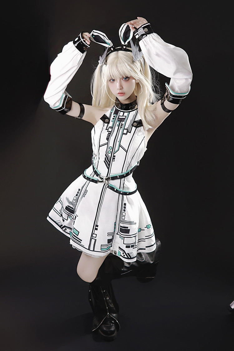 White [Mecha Battle Maiden] Stand Collar Print Futuristic Style Sweet Handsome Lolita Dress - Product - 7