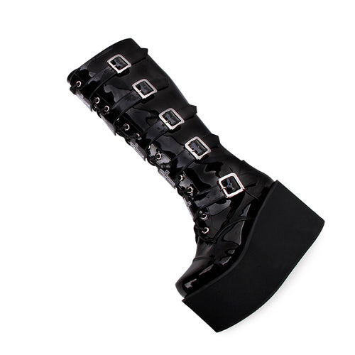 Black Cross Patent Leather Lace Up Long Gothic Lolita Boots - Product - 5