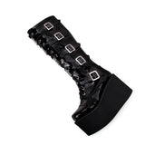Black Cross Patent Leather Lace Up Long Gothic Lolita Boots - Product - 5