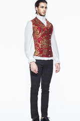 Red/Gold Palace Short Big Jacquard Pattern Men's Gothic Waistcoat - Product - 4