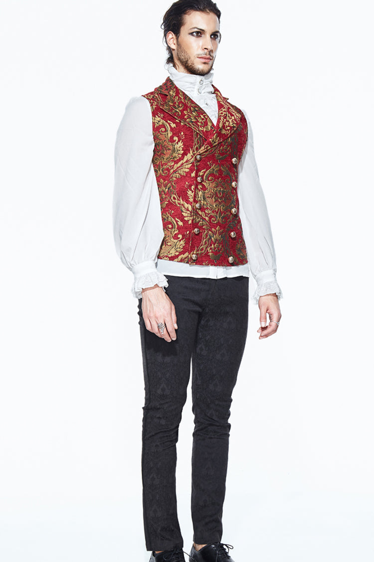 Red/Gold Palace Short Big Jacquard Pattern Men's Gothic Waistcoat - Product - 4
