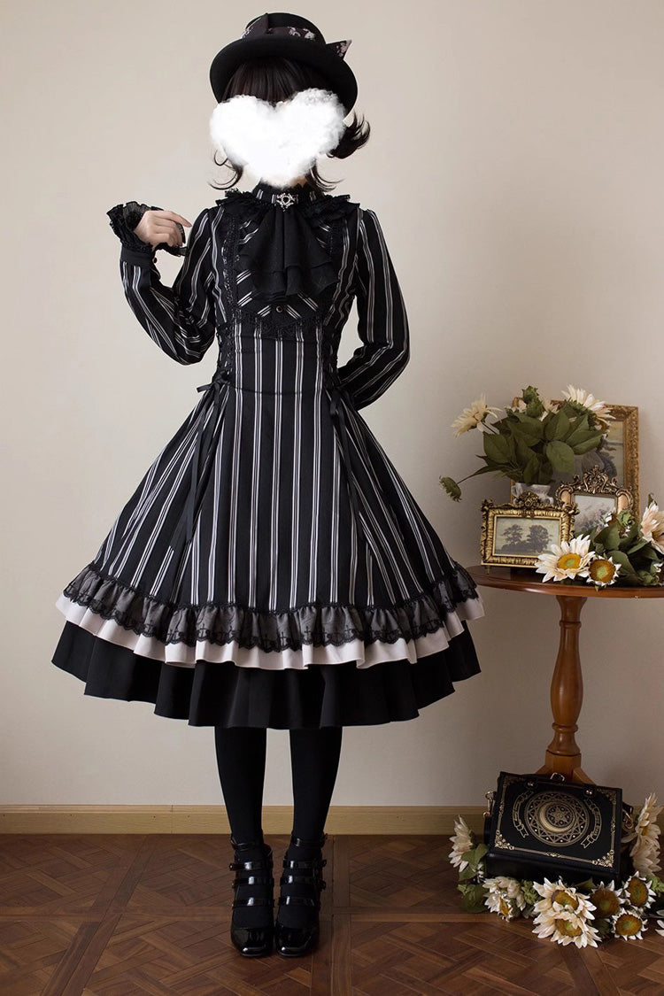 Black Stand Collar Long Sleeves Multi-layer Striped Print Ruffle Gothic Lolita Dress - Product - 14