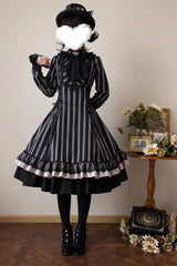 Black Stand Collar Long Sleeves Multi-layer Striped Print Ruffle Gothic Lolita Dress - Product - 14