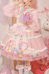 Pink Candy Party Lace Long Sleeves Bowknot Multi-Layer Ruffled Sweet Lolita JSK Dress - Pink - 1
