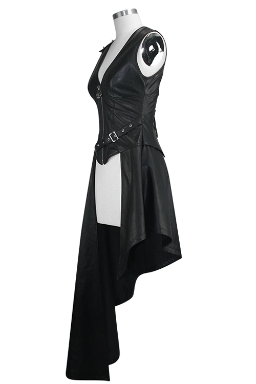 Black Zipper Up Asymmetric Sleeveless Womens Punk Rock Mid Length Leather Dress - Product - 6