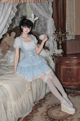 [Silent Summer] Square Collar Halterneck Short Sleeves Multi-Layered Printed Ruffled Classic Cool Lolita Dress Set (Black/Blue 2 Colors) - Product - 12