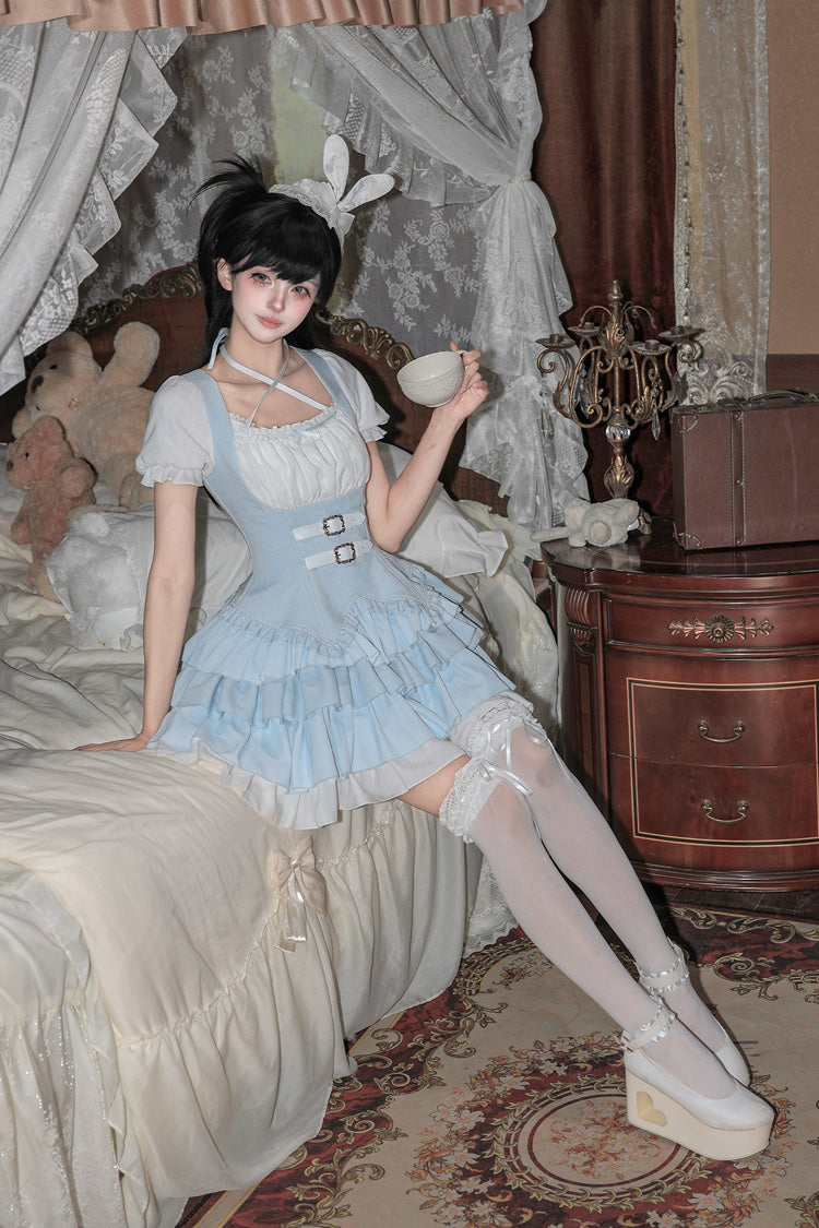 [Silent Summer] Square Collar Halterneck Short Sleeves Multi-Layered Printed Ruffled Classic Cool Lolita Dress Set (Black/Blue 2 Colors) - Product - 12