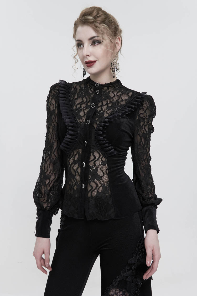 Black Velvet High Neck Lace Fake Bra Design Splicing Three-Dimensional Butterfly Mesh Women's Gothic Shirt - Product - 3