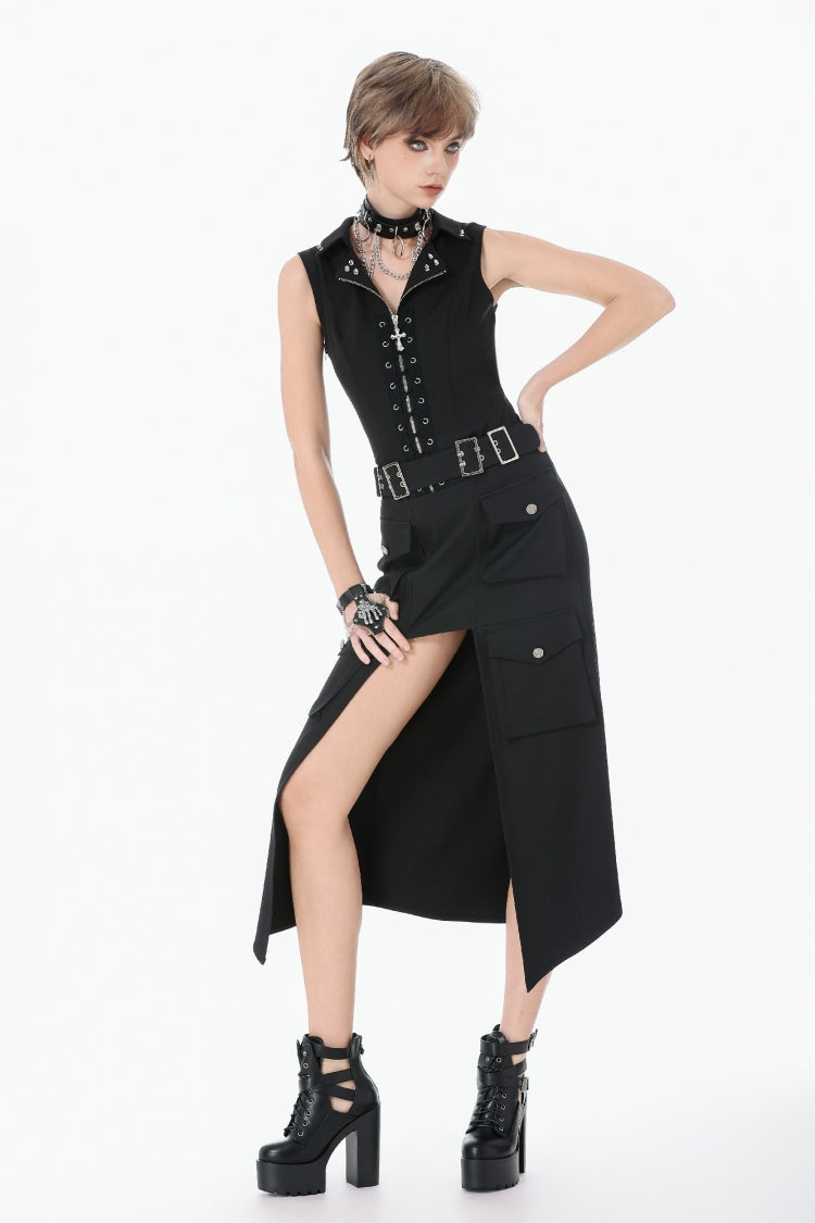 Black Lapel Collar Sleeveless Lace-Up Studded Zippered Eyelet Women's Punk Vest - Product - 9