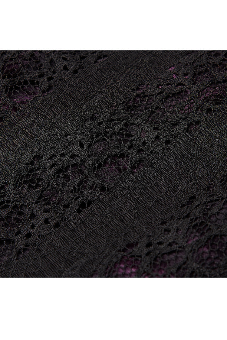 Purple V-Neck Front Splice Rose Lace Mesh Back Waist Lace-Up Irregular Hem Plus Size Knit Women's Gothic T-Shirt - Product - 9