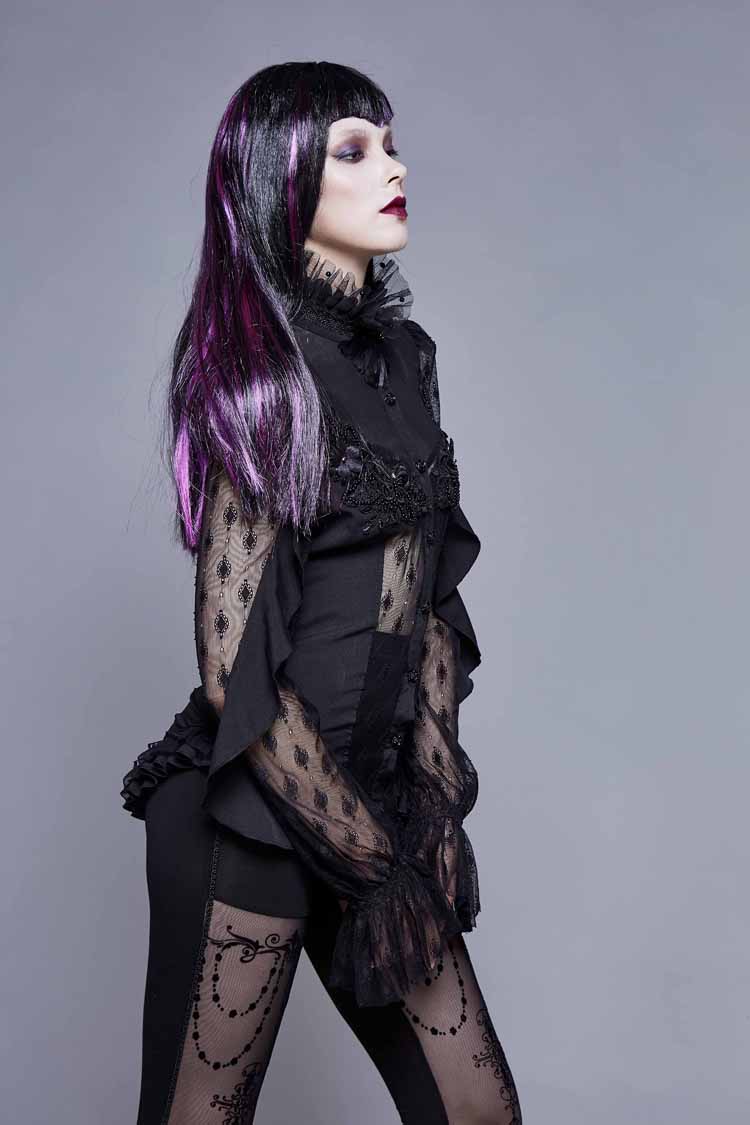 Black Chiffon High Collar Front Chest Beaded Flowers Lace Cuff Back Waist Lace Up Women's Gothic Blouse - Product - 2