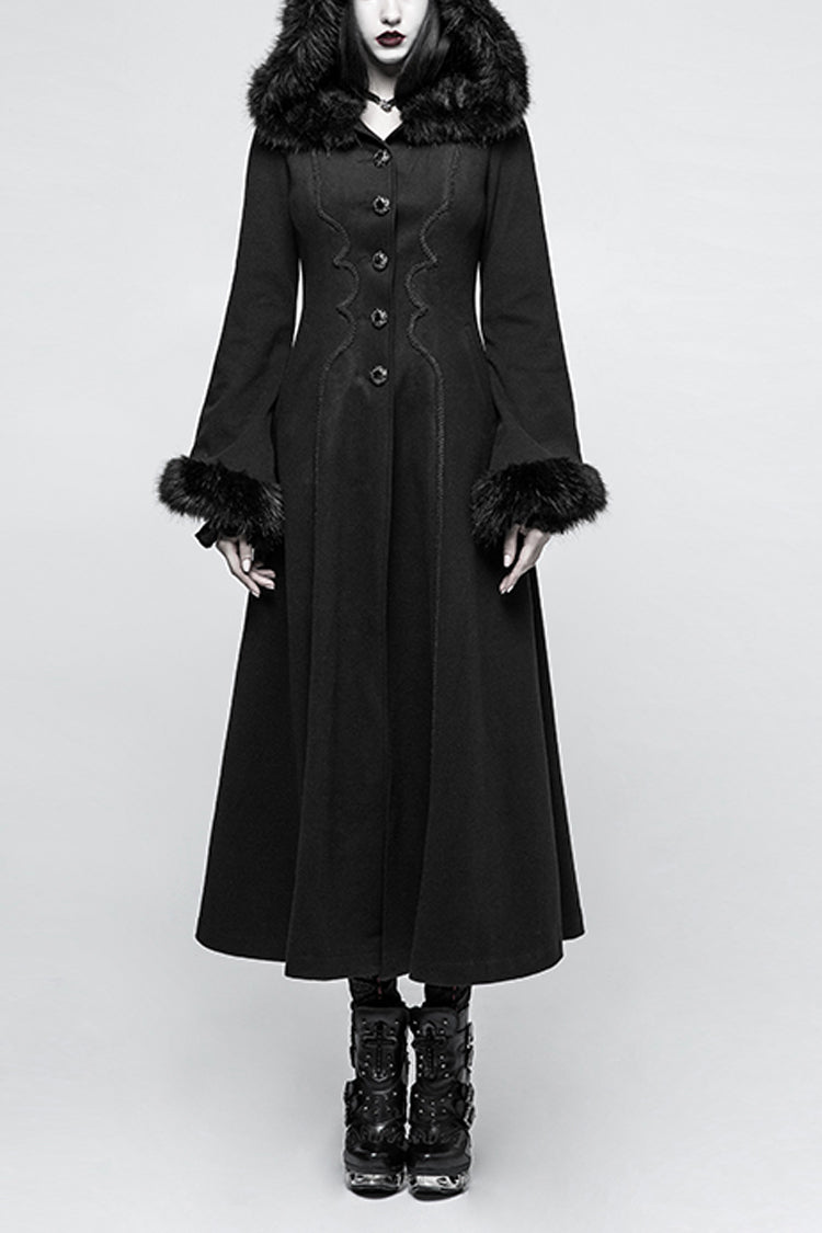 Black Hooded Print Womens Single-Breasted Long Maxi Gothic Coat - Black - 1