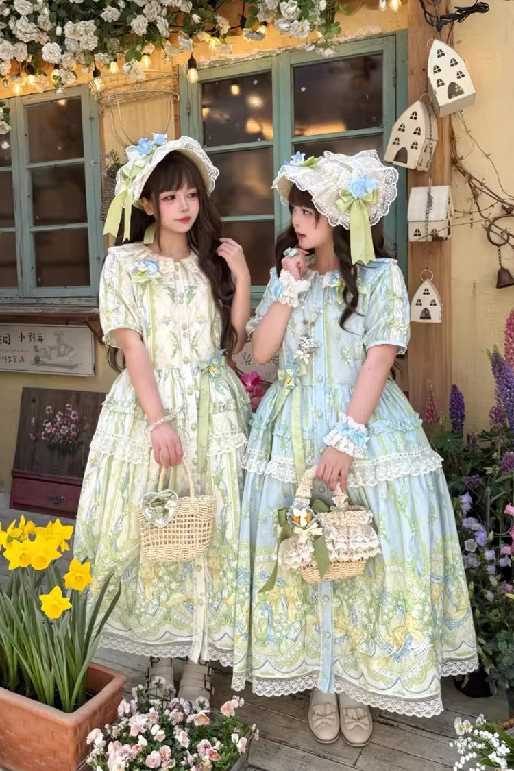 Blue/Green [Lily of the Valley Perfume] Pearl Candy Tea Doll Collar Short Sleeves Printed Lace Plus Size Sweet Lolita OP Dress - Product - 10