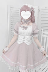 Pink/White Short Sleeves Ruffle Bowknot Cross Waist Maid Sweet Japanese Lolita Dress Set - Pink/White - 1