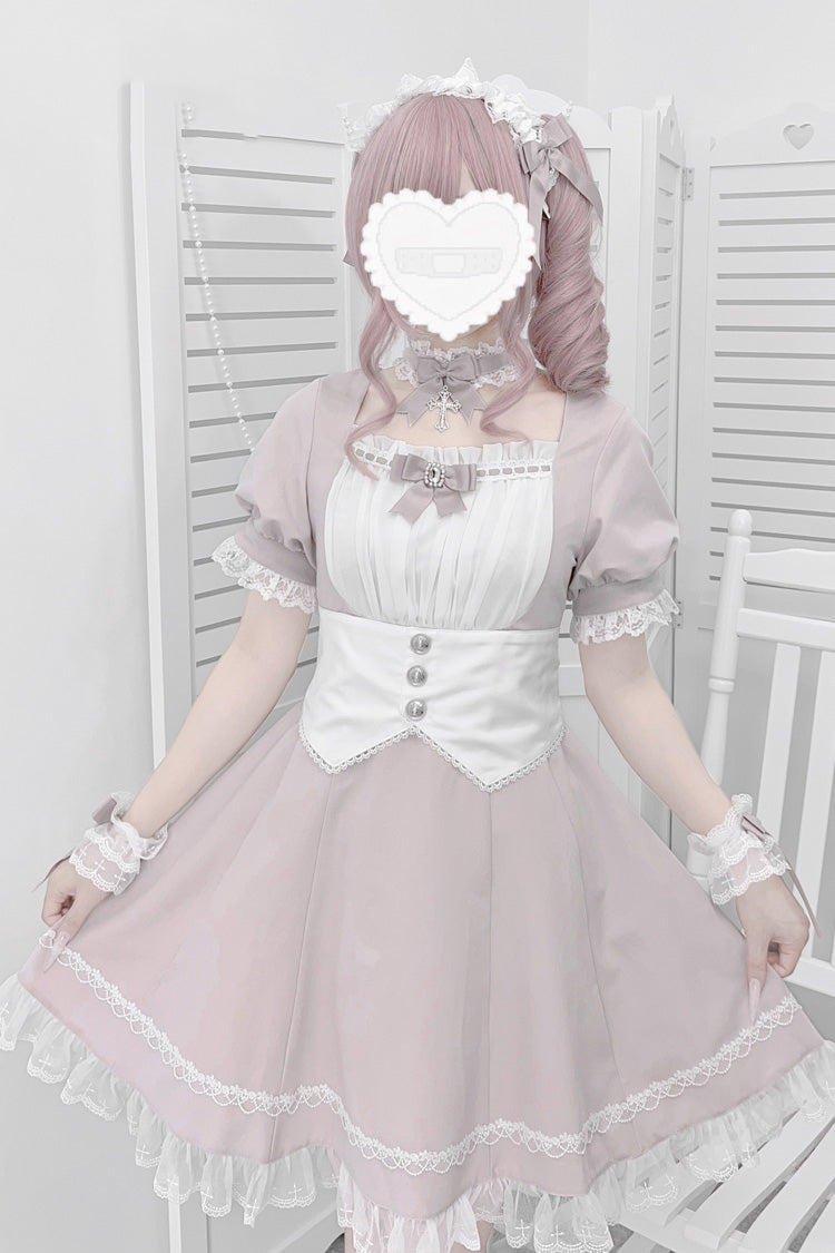 Pink/White Short Sleeves Ruffle Bowknot Cross Waist Maid Sweet Japanese Lolita Dress Set - Pink/White - 1