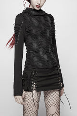 Black Broken Holes Arm DrawString Long Sleeve Hooded Knit Tight  Women's Gothic T-Shirt - Black - 1
