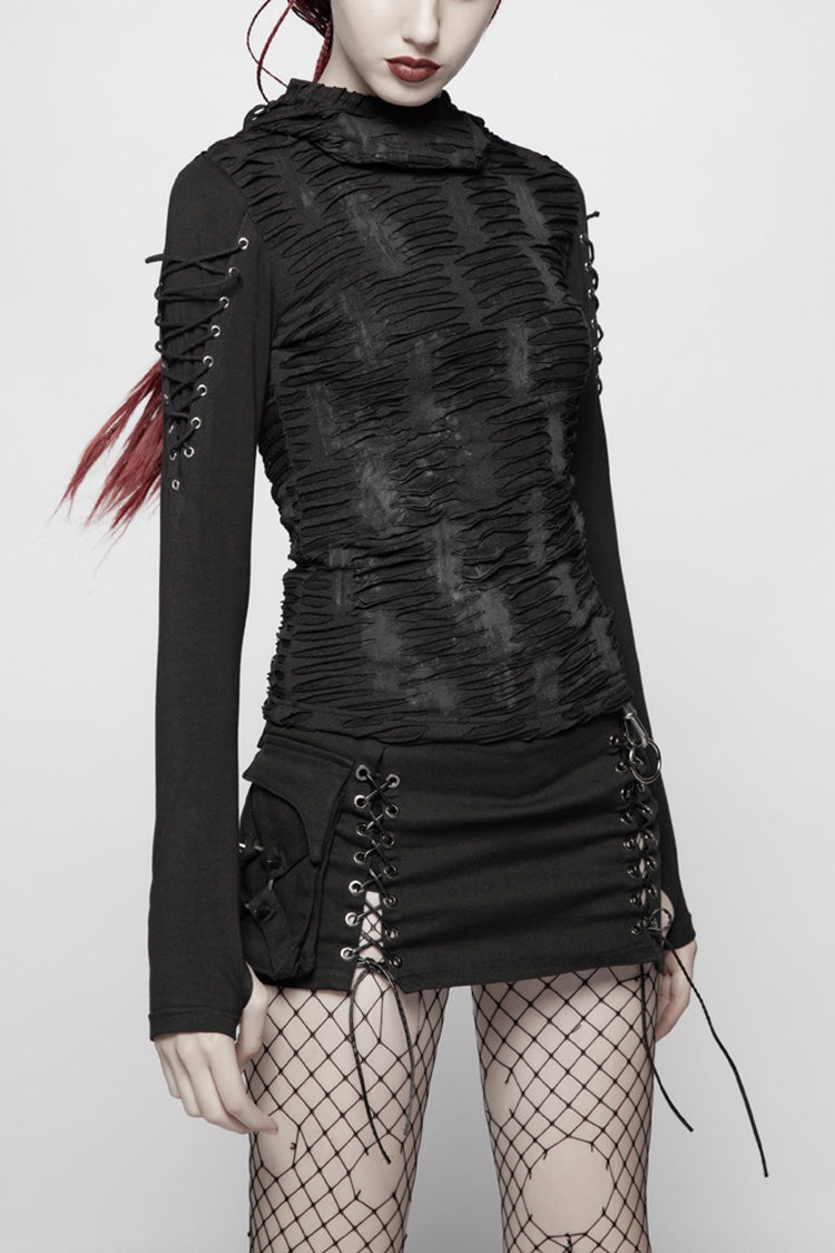 Black Broken Holes Arm DrawString Long Sleeve Hooded Knit Tight  Women's Gothic T-Shirt - Black - 1