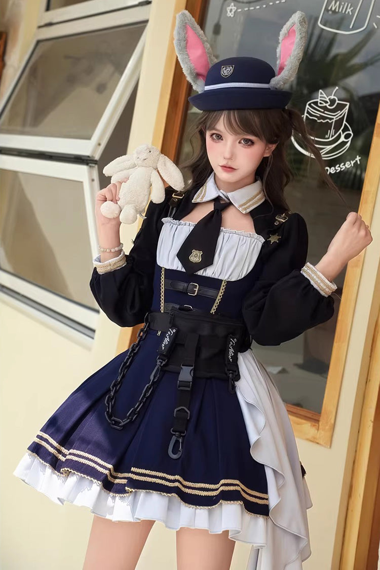 Blue [Rabbit Police Officer] Ruffled Bow Asymmetric College Style Handsome Lolita Jsk Dress - Product - 2