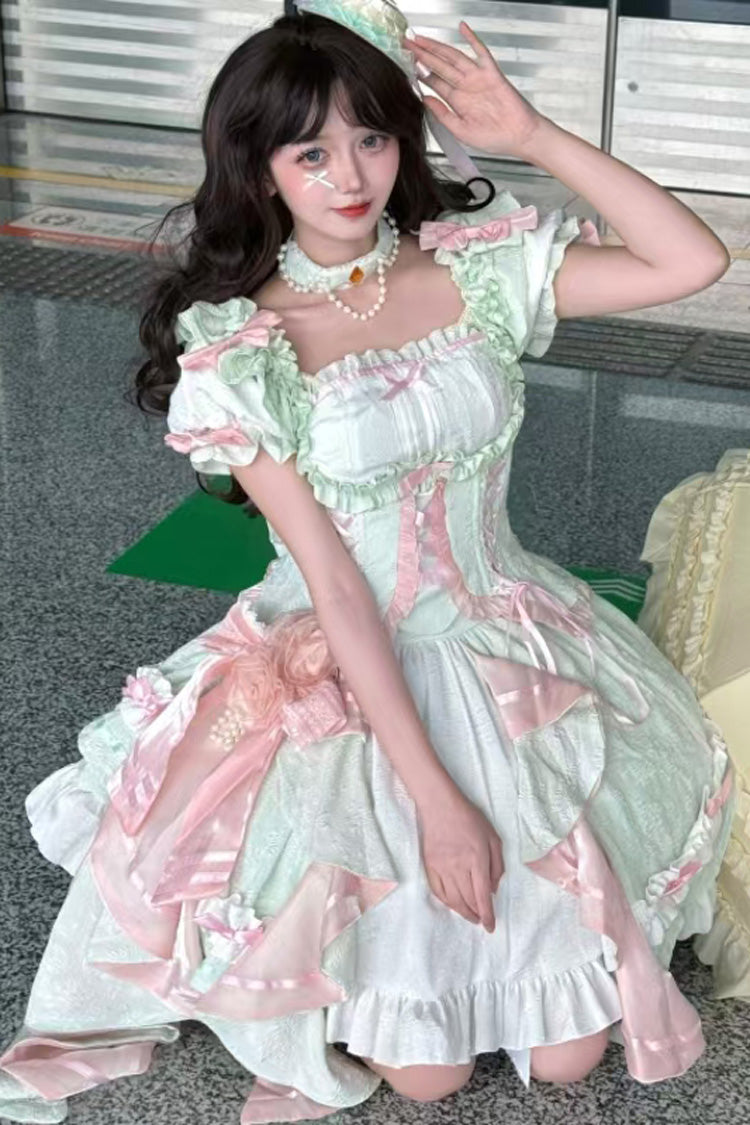 [Spring Overture] Square Collar Short Sleeves Ruffle Cardigan Bowknot Lace Sweet Elegant Lolita Skirt Set 4 Colors - Product - 13