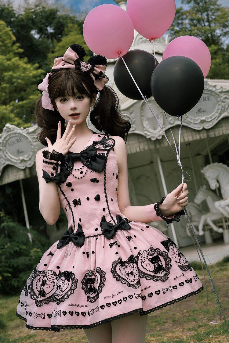 Pink [Sugar Bear] Halterneck Sleeveless Embroidered Bow Sweet Lolita Dress - Pink - 1