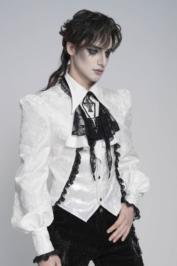 White Jacquard Lace Men's Gothic Royal Cross Beaded Neckwear - Product - 6