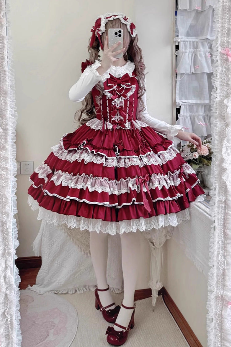 Sweet Multi-Layered Ruffle Bowknot Lace Princess Ballet Lolita Jsk Dress 4 Colors - Red - 4