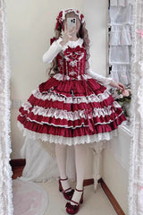 Sweet Multi-Layered Ruffle Bowknot Lace Princess Ballet Lolita Jsk Dress 4 Colors - Red - 4
