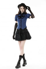 Blue/Black Striped Bow Ruffled Stand Collar Lace Jabot Short Puff Sleeves Front Button‑Up Women's Gothic Blouse - Product - 6