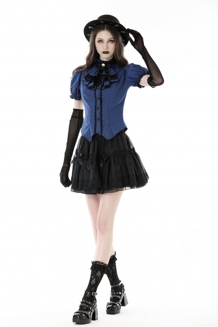 Blue/Black Striped Bow Ruffled Stand Collar Lace Jabot Short Puff Sleeves Front Button‑Up Women's Gothic Blouse - Product - 6