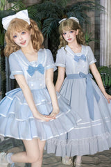 Blue [Seven Day Bell] Navy Collar Short Sleeves Printed Ruffled Bow Sweet Lolita Dress 2 Versions - Product - 8
