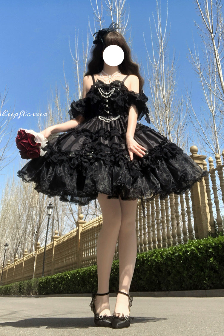 Black [Spring Cherry Snowfall] Off Shoulder Short Sleeves Multi-Layered Ruffled Bow Gothic Lolita Jsk Dress - Product - 4