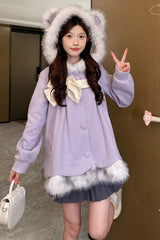 Purple Long Sleeves Plush-Trim Polka Dot Printed Bow Hooded Sweet Lolita Coat - Purple - 1