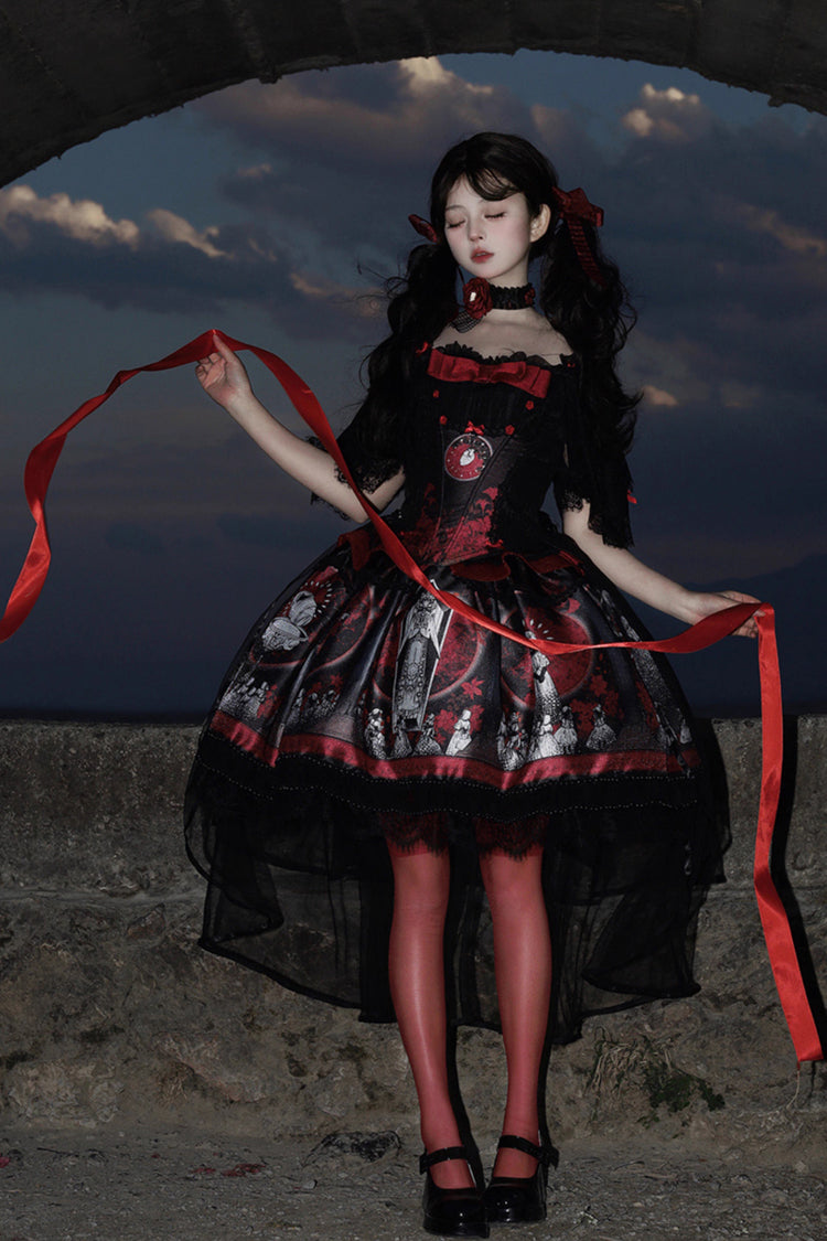 Red [Dark Moon Corridor] Print Embroidery Gothic Lolita Dress Skirt - Product - 5