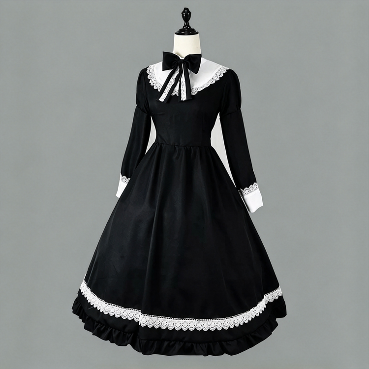 Blue and White Ruffled Maid Lolita Dress with Apron and Bow Accent - view 6