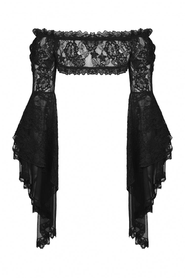 Black Off Shoulder Lace Long Trumpet Sleeves Floral Mesh Women's Gothic Cape - Product - 16
