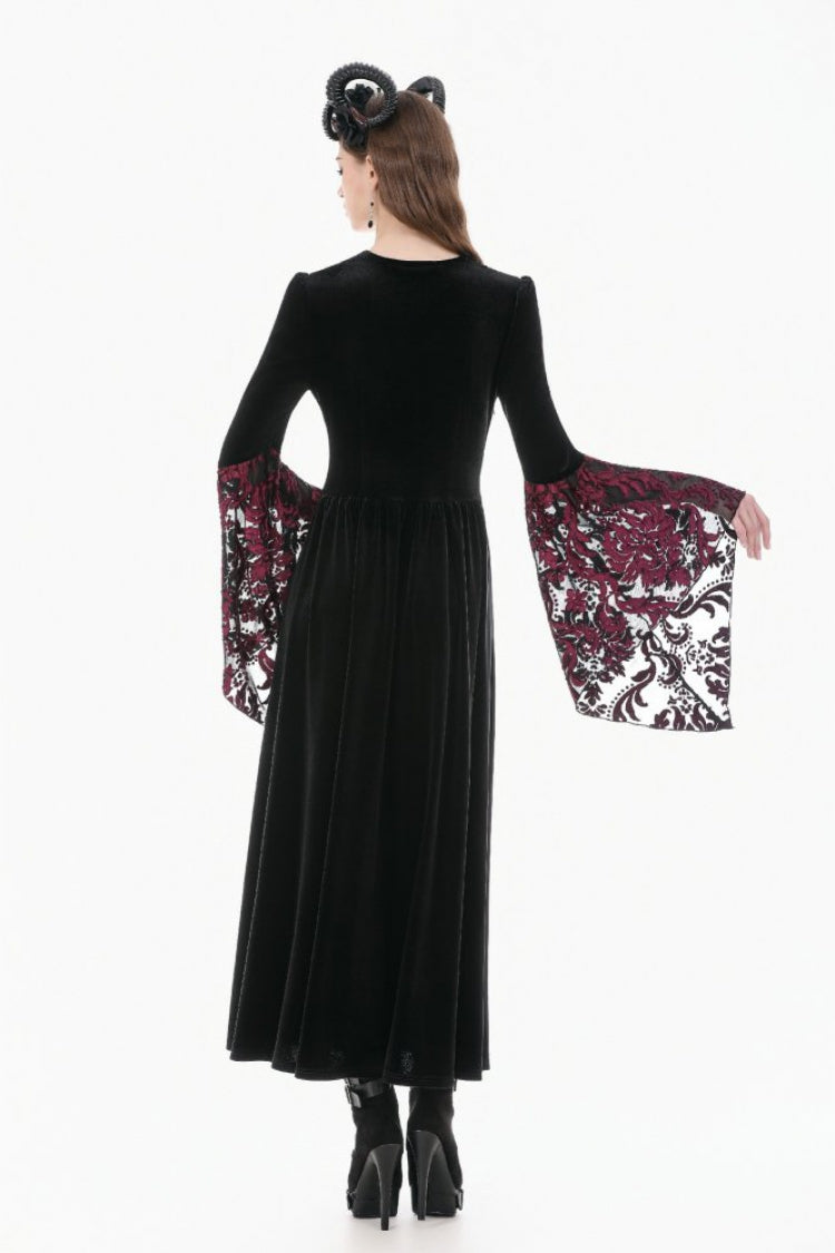 Black/Red Square Collar Long Flare Puff Sleeves Lace Women's Gothic Victorian Velvet Long Dress - Product - 4