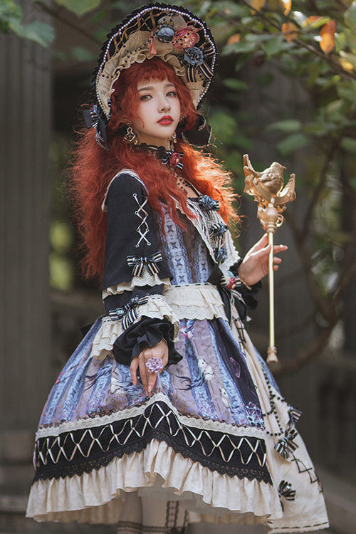 Multi-Color Ruffled Sleeve Retro Printed High Waist Classic Lolita OP Dress - Product - 3