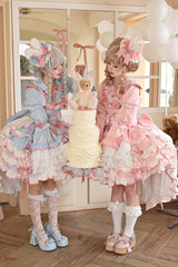 [Bunny Hime] Doll Collar Short Sleeves Multi-Layered Ruffled Bow Sweet Lolita Dress 2 Colors (Blue, Pink) - Product - 5