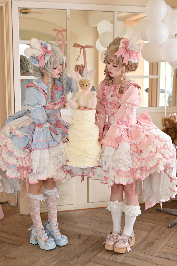 [Bunny Hime] Doll Collar Short Sleeves Multi-Layered Ruffled Bow Sweet Lolita Dress 2 Colors (Blue, Pink) - Product - 5