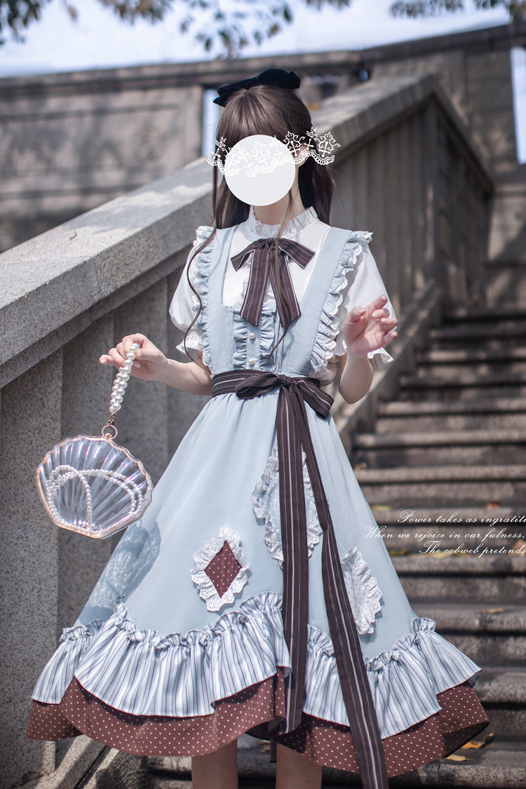 Blue [Magic Vocal Club] Sleeveless Print Ruffle Bowknot Sweet Alice College Style Elegant Lolita Jumper Dress - Product - 11