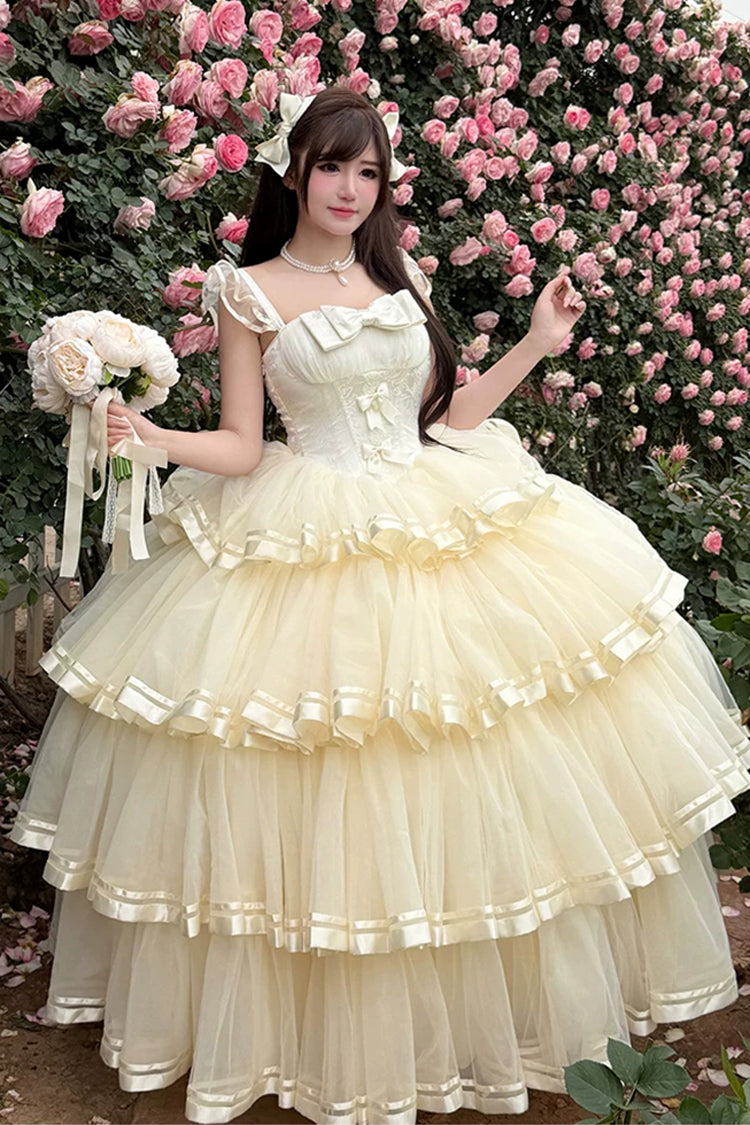 Apricot [Sweet Organza Satin] Sleeveless Multi-Layered Ruffled Hanayome Bow Lace Sweet Elegant Princess Lolita Jsk Dress - Product - 12