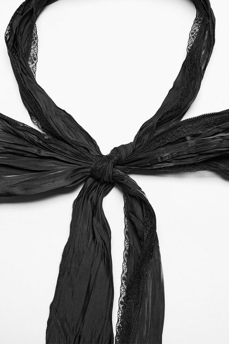 Black Stand Collar Ruched Stitching Lace Mens Gothic Blouse with Scarf - Product - 6
