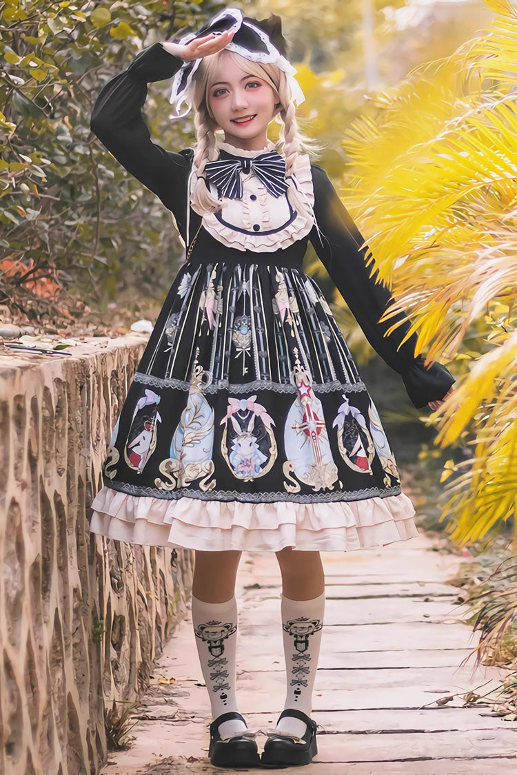 Black Easter Stand Collar Long Sleeves Print Ruffle Bowknot Sweet Plus Size Lolita Dress - Black - 1